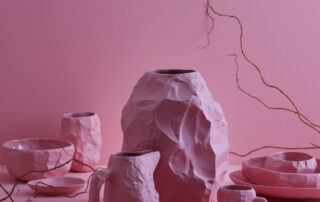 The Crockery Pink Big Vase 2 is crafted by Max Lamb in his studio, chipped with the tools of a stone mason to craft the piece